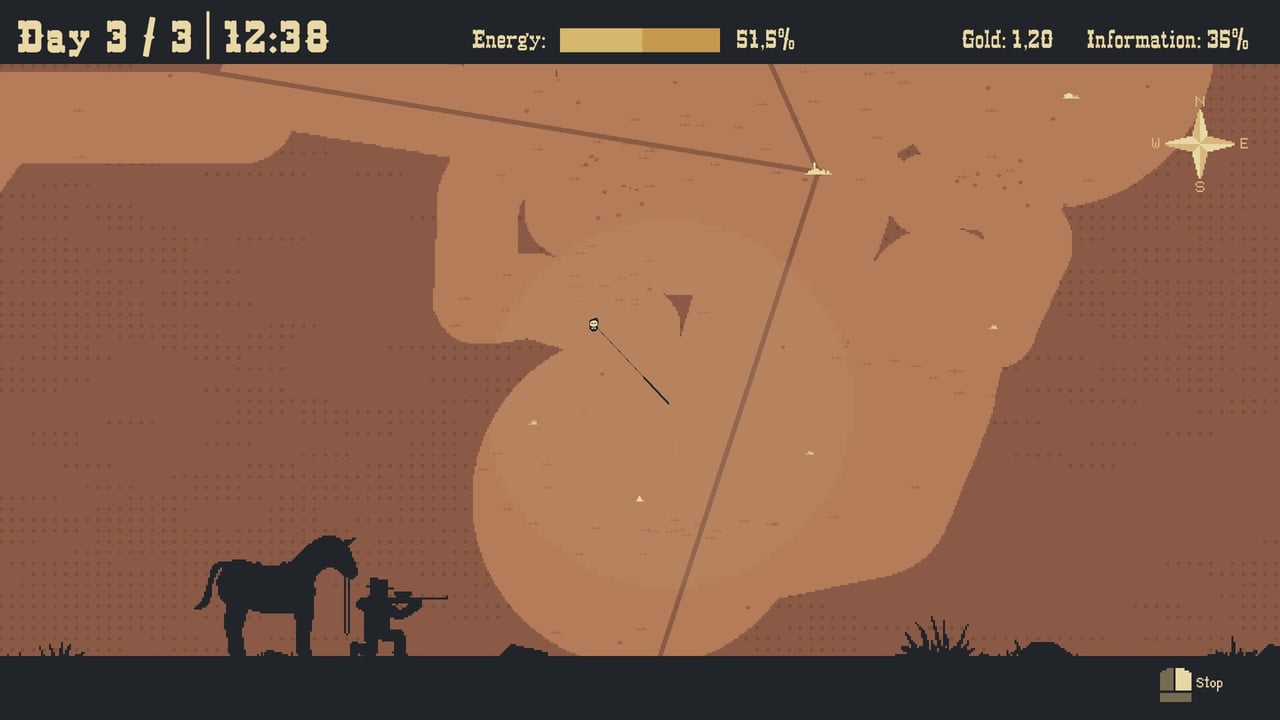 Bounty Trail screenshot of a hunter kneeling with a rifle beside a horse on the trail map