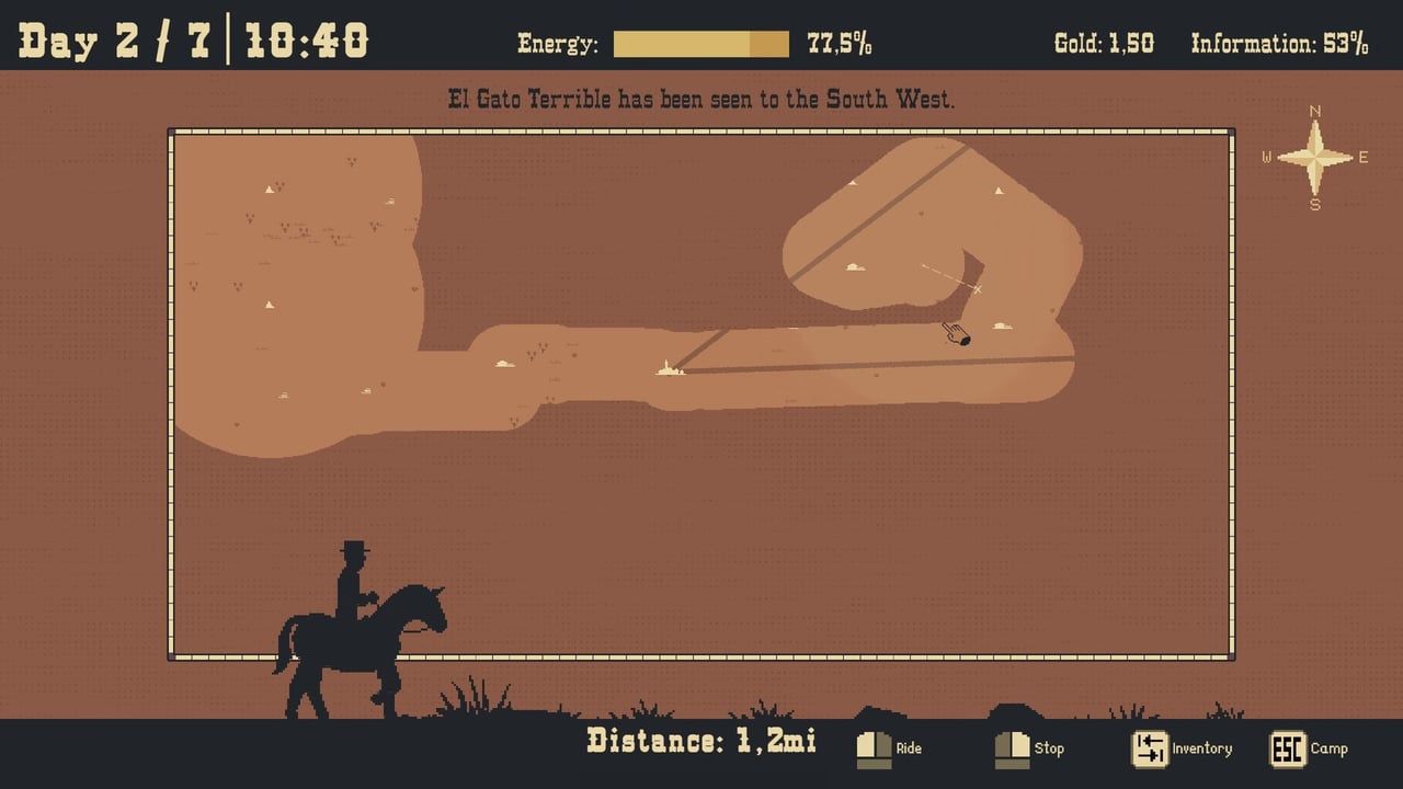 Bounty Trail trail map HUD showing energy, gold, information, and a sighting of El Gato Terrible